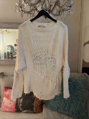 Zara Cream Open-Weave Distressed Crewneck Sweater